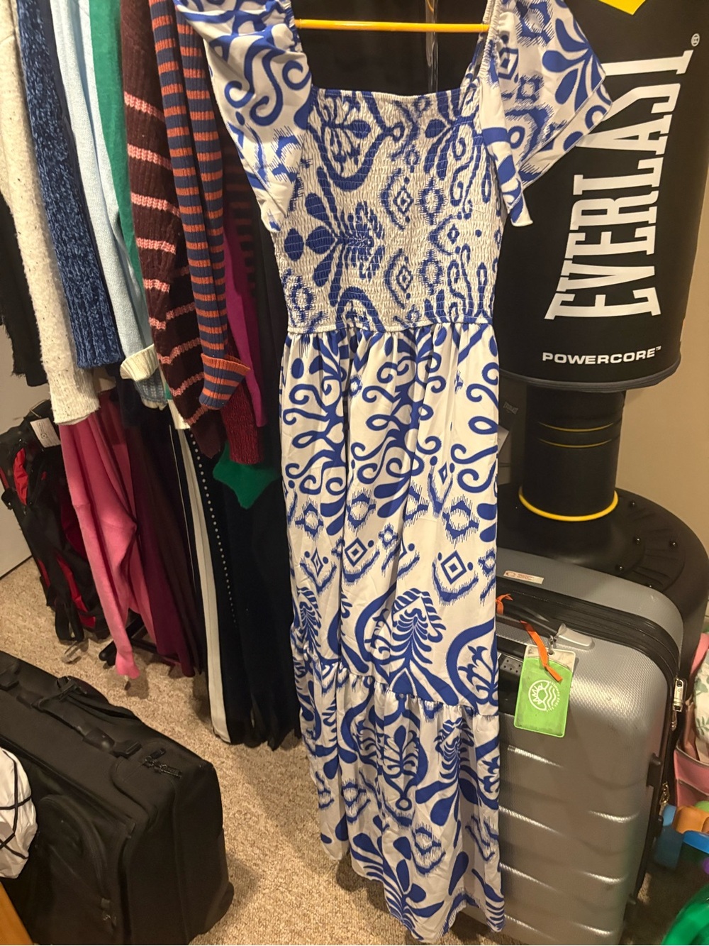 SHEIN Blue and White Smocked Maxi Dress